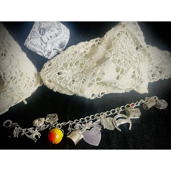 Antique Vintage Retro Heavy Sterling Charm Bracelet 6.5" - Picture 4 of 8